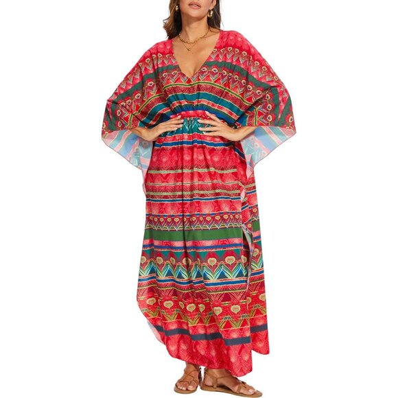 Women's Red Print 100% Polyester V Neck Summer Beach Dresses Cover Caftan Maxi - Picture 5 of 5